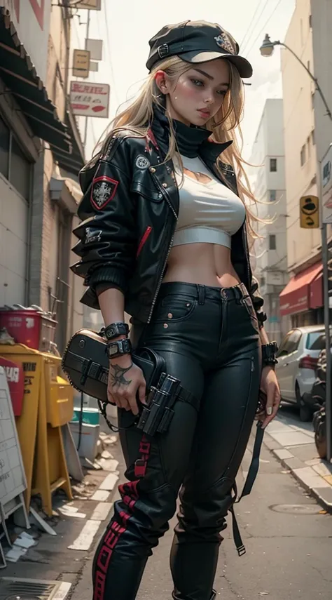 motor world,unreal:1.4,CG ultra realistic 64K,  photorealistic:1.4,  skin texture:1.4,  Masterpiece:1.4, Beautiful woman with long hair hat、holding gun, ak-47, assault rifle, Kalashnikov rifle, trigger_discipline, low-ready Ropa corta estilo cyberpunk bike...