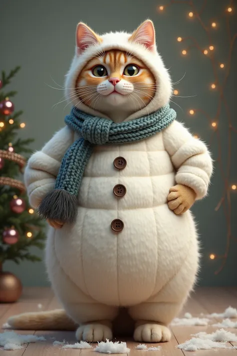 photorealistic portrait of Dressed animals - a ((fat)) (angora cat) snowman,(Art by Giuseppe Arcimboldo:1.2),(Happy new tear theme),(cute),(happy), (),(hands on hips:1.5), high quality,(lovely) ,intricate detailed  accessories,  ,(highly detailed snowman c...