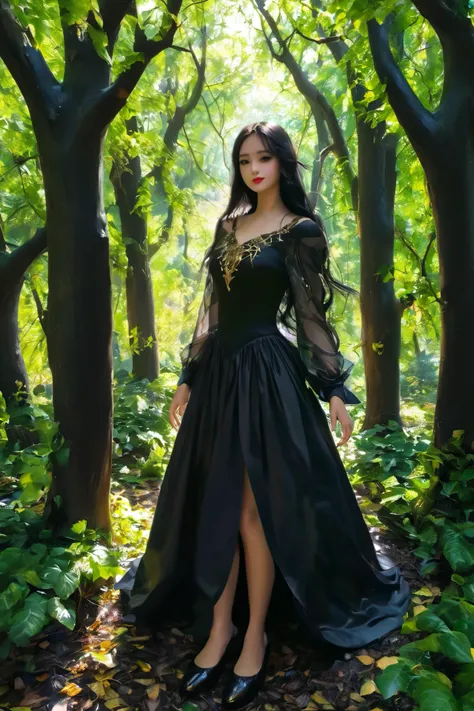 long black hair plump breast,black eyes,57 ft 120 pounds long black dress with hoodgold trim in a forest covered in vines and trees a trail, beams of light comming from the through to the forest floor.