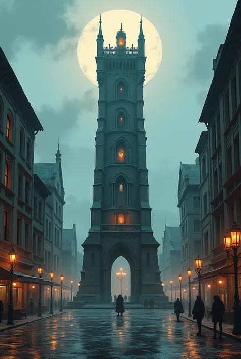 In low angle looking up shot, medium close-up view. A hyper-detailed 2D illustrator art wallpaper, Grimmdark, epic contrast painting, the High little Tower, in the roundabout in center of the square, middle the Crossroad. On tô of the tower is the mini shr...