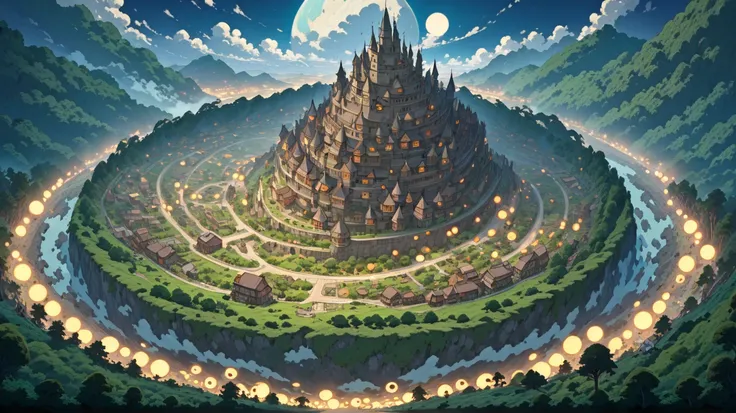 (masterpiece, super detailed, top quality), (cartoon style illustration reminiscent of Hayao Miyazaki, Japanese 2D animation, shadows: 1.3), distant night view from above, (5 huge moons: 1.3), (large circular castle town: 1.3), forest.