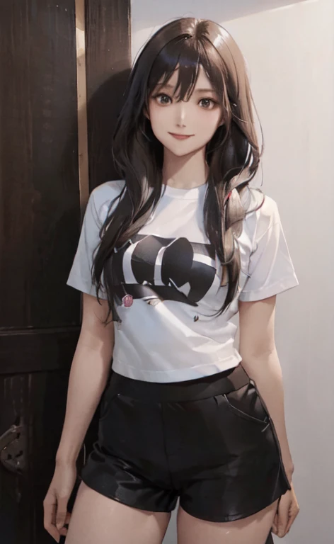 1lady solo, t-shirt uniform black and short pant, smile, long hair brown, masterpiece 1.3, high detailed, realistic, ultra, realistic 