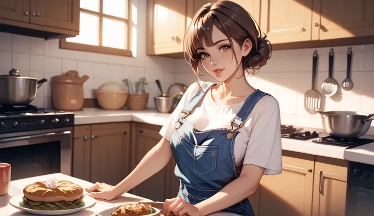 1 woman, brown hair, kitchen as background, wearing a white blouse and blue overalls, night time