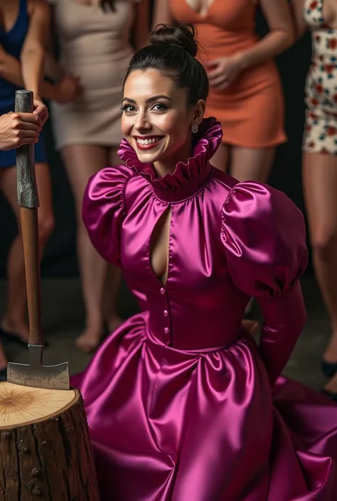 (realistic photograph close up), (a smiling beautiful Caucasian lady with (messy hair bun), she is kneeling down on the floor and wearing a (excessive shiny fuchsia silk gown with (long gigantic puff sleeves), (and with an ultra high tight stand-up collar ...