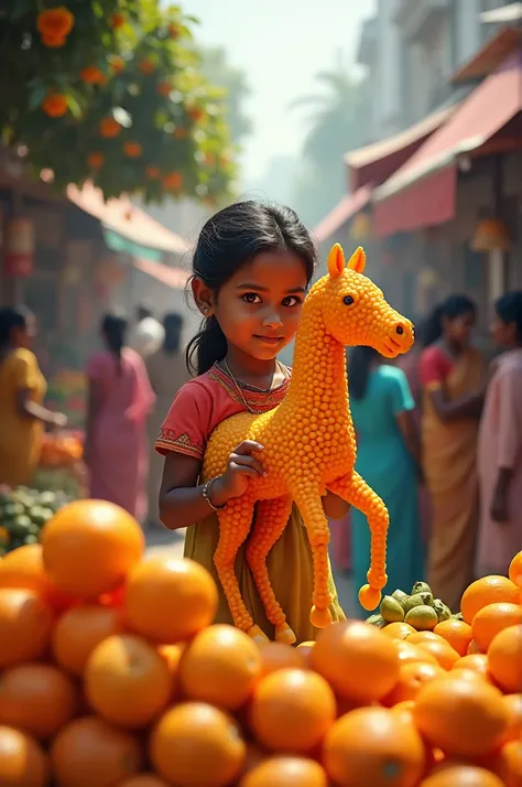 Here’s the prompt you can use:

"An Indian village girl is skillfully creating a horse sculpture using orange fruits in a vibrant fruit market. The scene is realistic, with the bright colors of the market and fruits making the image come alive. The crowd o...