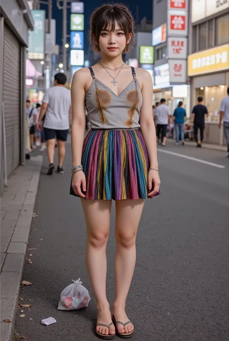 NSFW,
photography, film, depth of field, realistic skin texture, realistic photography,
(one girl, junior idol, teenage girl, Japanese girl, runaway girl),
messy hair, cute face, looking at camera, full body,
she is wearing a necklace, (stained camisole, s...