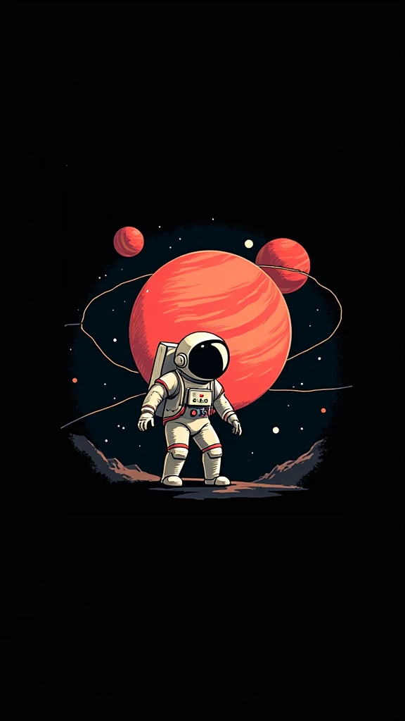 A stylized illustration of an astronaut in space. The astronaut is positioned in the mid-right of the image, facing forward, with a profile view visible. The astronauts suit is simple, rendered in a pixelated or blocky style, and predominantly white with d...