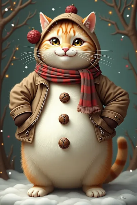 photorealistic portrait of Dressed animals - a ((fat)) ( cat) snowman,(Art by Giuseppe Arcimboldo:1.2),(Happy new tear theme),(cute),(happy), (),(hands on hips:1.5), high quality,(lovely) ,intricate detailed  accessories,  ,(highly detailed snowman costume...