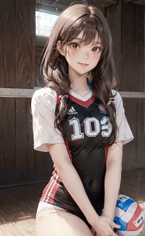 1lady solo, /(volleyball uniform/), /(dark brown hair/) bangs, blush light smile, (masterpiece best quality:1.2) delicate illustration ultra-detailed, BREAK /(volleyball court indoors/)