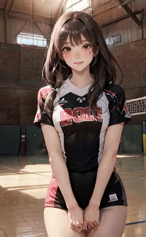 1lady solo, /(volleyball uniform/), /(dark brown hair/) bangs, blush light smile, (masterpiece best quality:1.2) delicate illustration ultra-detailed, BREAK /(volleyball court indoors/)