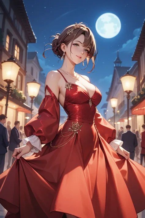 1 woman, brown hair, red formal dress, with sleeves, night time