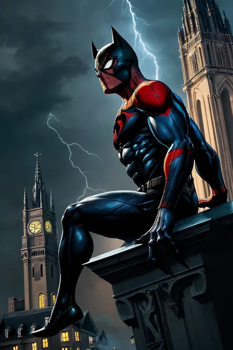 Spider-Man and Batman hybrid perched atop a gargoyle on a large gothic style church building at night with lightning strikes in the background, hyper-realistic, ultra detailed, high resolution, trending on ArtStation