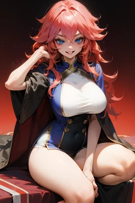 Mereoleona　 オレンジ髪、long hair,  Big Breasts ,  blue eyes,  fang,  grin 、Thighs、