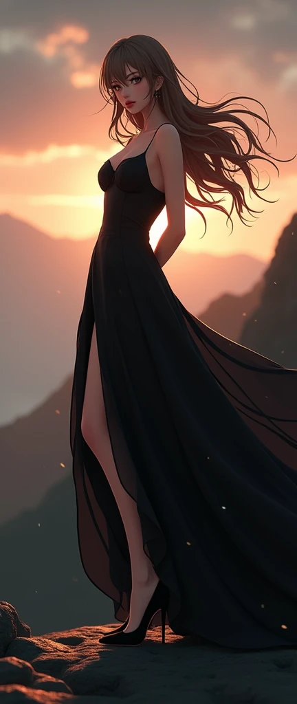  Anime Girl和一件黑色的華麗衣服, Pearl Murangma Peak Background , early morning, Dark light forms protective cover to cover girl, , Very mature , Photo realistic style CG ,  very sexy ,  Thin Long Smooth Legs , (( Light Brown Smooth Hair Spread With Wind )), (Lolita...