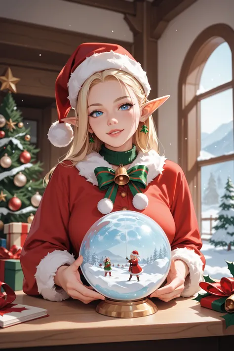 A female Christmas elf whose head is a snow globe. ((Her head is a snow globe featuring a classic holiday village.)) Santas Workshop elf costume, Santa hat. NSFW