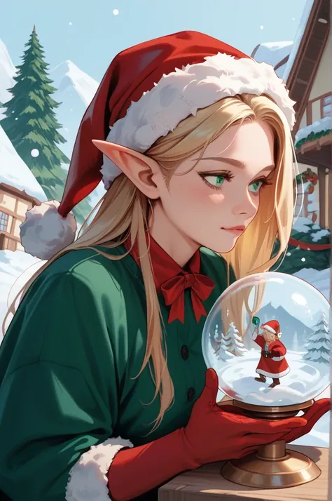 A female Christmas elf whose head is a snow globe. ((Her head is a snow globe featuring a classic holiday village.)) Santas Workshop elf costume, Santa hat. NSFW