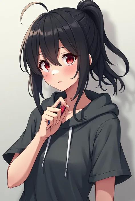 Anime,Older woman,Wear a short-sleeved hoodie,Black ponytail,Make a hair tie,Rubber pen, hair tie , red-eyed