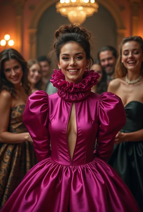 (realistic photograph close up), (a smiling beautiful Caucasian lady with (messy hair bun), she wearing a (excessive shiny fuchsia silk gown with (long gigantic puff sleeves), (and with an ultra high tight stand-up collar up to her cheeks) (with a gigantic...