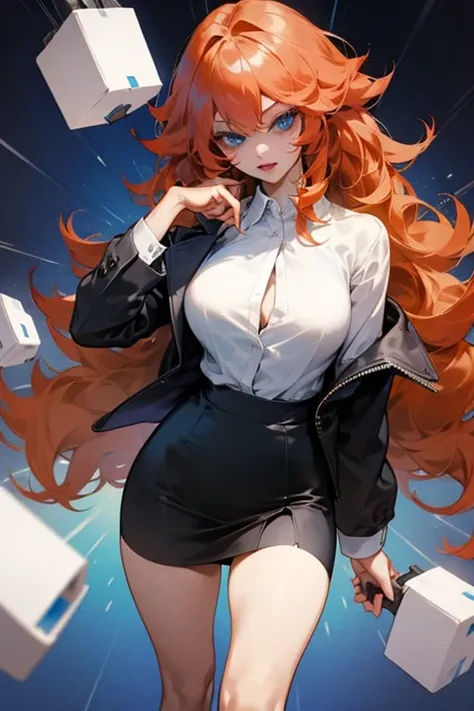 Mereoleona　  orange hair、bangs、long hair,  Big Breasts ,  blue eyes,  tooth 、Thighs、 white shirt　 tight skirt 　suit　 black stockings　bottle in the right hand 、Right hand forward　