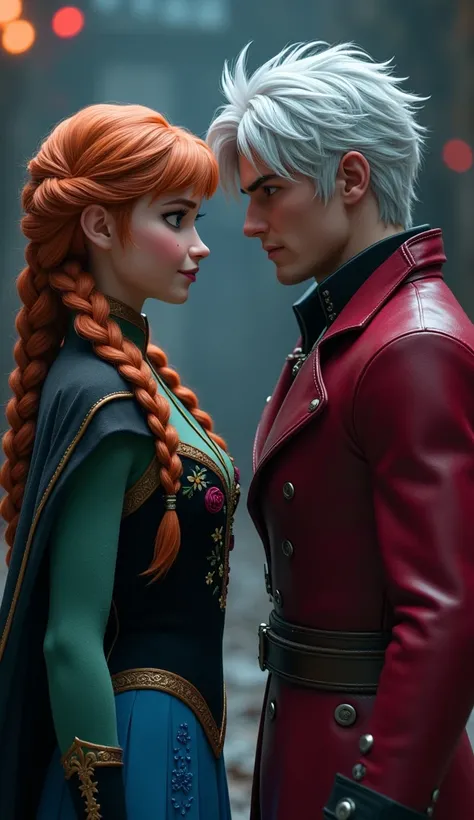 "A realistic full-body image of Anna from Disney’s Frozen standing in front of Dante from the Devil May Cry series. Anna has long, fiery red hair styled in two braids with loose strands framing her face, her skin fair with a subtle rosy glow. She’s wearing...