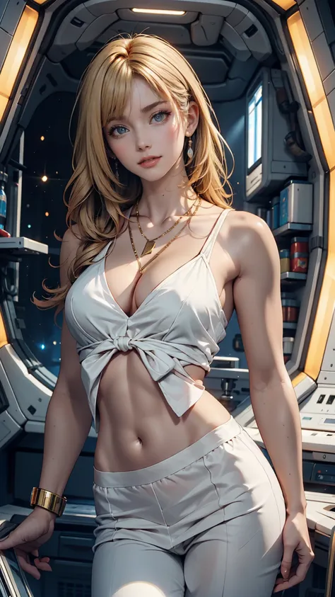 Young blonde anime, esthetic body,  dark blue eyes,  wearing white clothes and blue details , on a spaceship, With gold necklace