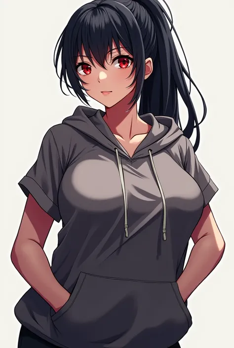 Anime,Older woman,Wear a short-sleeved hoodie,Black ponytail, red-eyed, big breasts