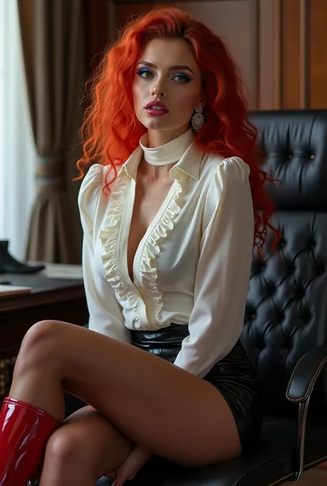 office，Beautiful european woman sitting on a chair，red long curly hair，Beautiful Legs，red High heel boots， black shiny pantyhose ，black leather Mini skirt, white blouse with ruffles and turtleneck, Black mascara,  blue glittery eyeshadow,  pink shiny glitt...