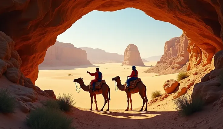 a stunning desert vista seen from the perspective of a cave entrance. Two travelers on camels pause at the edge of the cave, taking in the breathtaking expanse of a sunlit desert. The first traveler, in a red and blue outfit, gestures toward the distance, ...