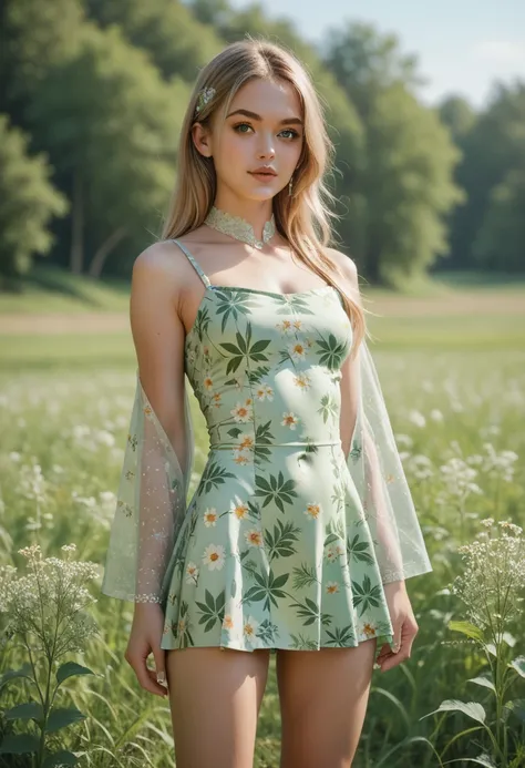 Girl 38 years old, Ukranian model, open legs, thighs open, standing in a meadow, light green printed mini dress,M Best Quality, Masterpiece, hight resolution, Original, extremely detailed wallpaper, perfect  lighting