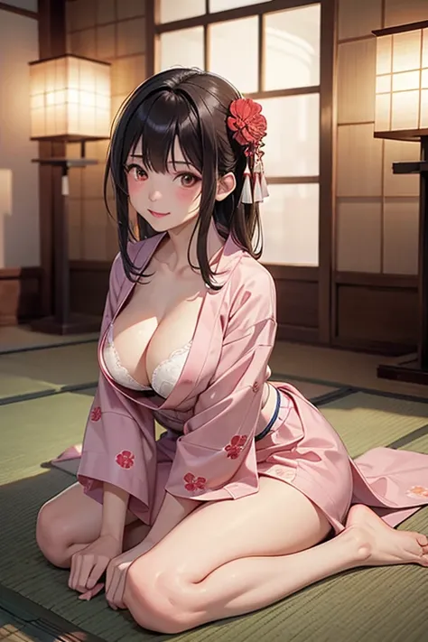 (( top quality)), ((  Masterpiece )), (  detailed hands , Detailed Fingers ,Detailed feet), perfect anatomy ,  1 28 year old Japanese girl, Side view of a girl,Turn your face to the audience to the audience,Big Breasts, sexy girl ,Sit with your foot down o...