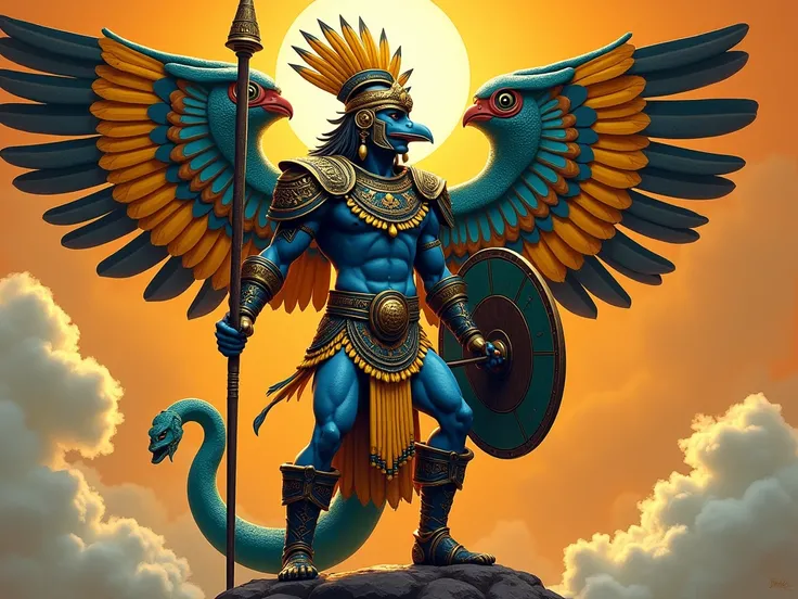 Huitzilopochtli, divinity of the sun and War. 
Represent him as a warrior with armor and helmet adorned with hummingbird feathers. His arms, legs and lower face should be painted blue, while the upper part is black. 
Attributes: Add a round shield and a tu...