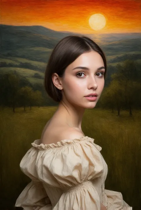 ((very colorful gradient)):[[(front full portrait:1girl (solo) with big eyes and a short hair bob)((Jose de Ribera style)), [dress ((Marc Chagall style)])):20]/[background: landscape
 Renaissance, old canva, (scarlet sunset), ((style Alexey Savrasov))]/[((...