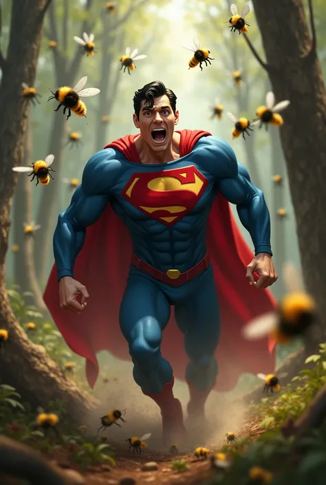 Superman shot by a horde of bees comically panicked in the woods 