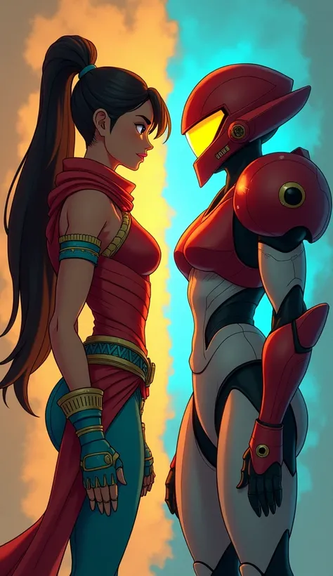 "A realistic full-body image of Raya from Disney’s Raya and the Last Dragon standing in front of Samus Aran from Metroid. Raya has long, dark brown hair tied into a high ponytail with a few loose strands framing her face. Her skin is tan with a warrior’s s...