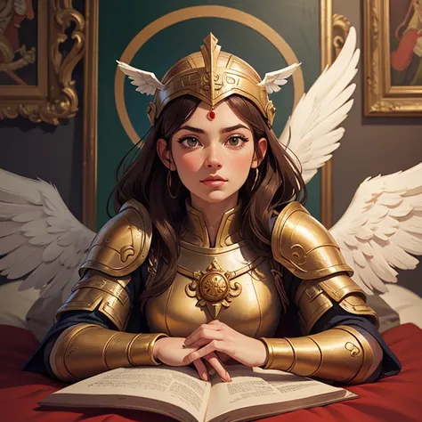 classic painting of the warrior goddess Athena, a divine woman with brown hair and gray eyes, her face exuding nobility. She is wearing red armor and a Greek helmet, lying face down in angel pose and barefoot. Her barefeet appearing