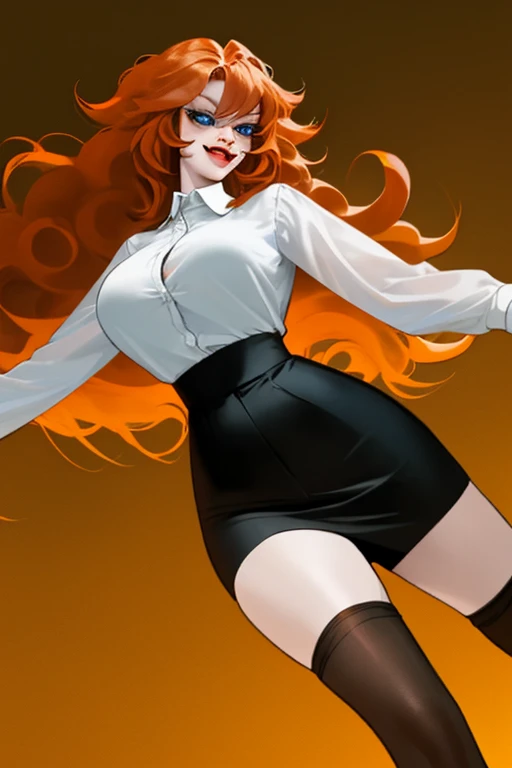 Mereoleona　  orange hair、 with an adult-like face、bangs、long hair,  Big Breasts ,  blue eyes,  fang 、Thighs、 white shirt　 tight skirt 　suit　 black stockings　 Dutch angle , 