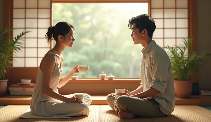 ((( high image quality、 real、live-action、reality、 Masterpiece)))In the Japanese-style living room 、 A Japanese woman in her 40s sits on tatami mat in a light-colored camisole 、 smiling with tea 。 A Japanese man in his 40s sits next to me in a casual shirt ...