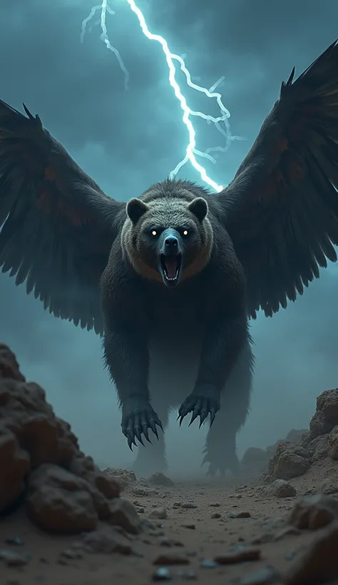 "A dark, cinematic depiction of a terrifying hybrid fusion of an eagle and a bear in a desolate desert under a stormy night sky. The creature has the broad, muscular body of a bear, covered in patches of feathers and fur, with massive wings extending from ...