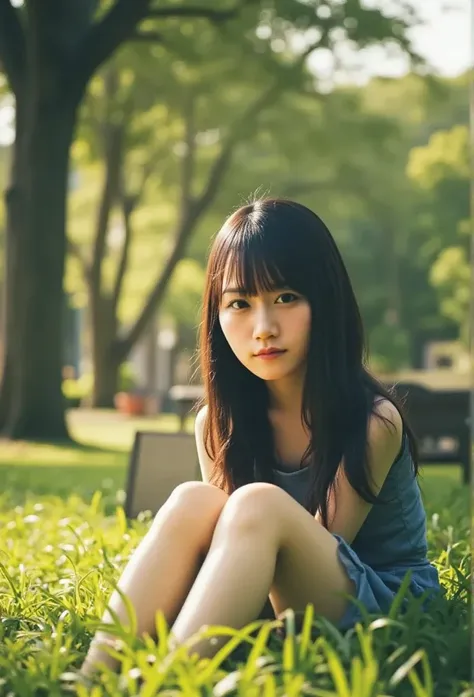 A beautiful Caucasian gothic girl , , Hair with bangs, 公園のtree々や緑の草がBackgroundある屋外に座っています.  Sunlight illuminates her face ,  and this scene conveys a sense of serenity and happiness .  she is wearing a short blue dress and legwear. Background, tree々There i...