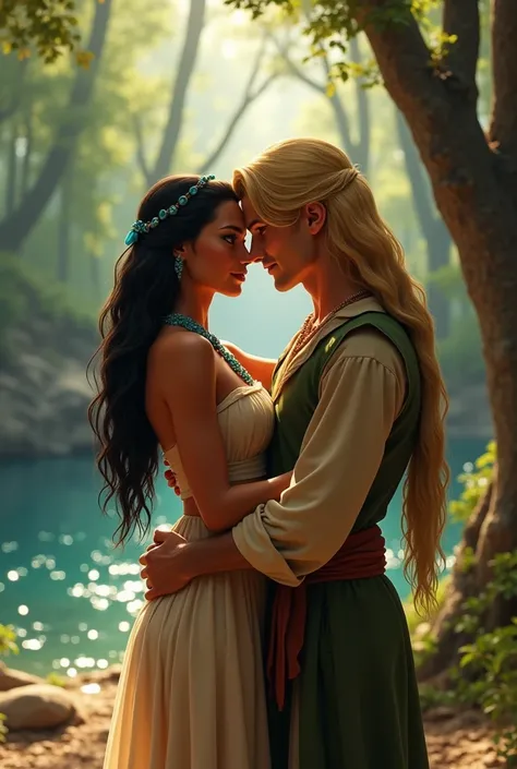  cinematic frame from the Disney movie Pocahontas, Of John Smith , blonde with blue eyes,  kissing Pocahontas 