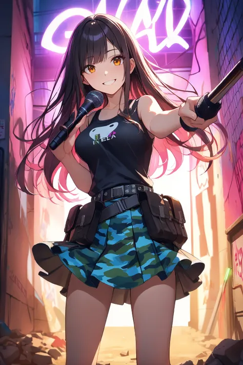 1 girl, (cute face), 18 years old, (long hair:1.2), (playful smile), medium breasts, slim, (wearing military-style skirt outfit), (camouflage mini skirt), (fitted tank top), (combat boots), (stylish belt), BREAK  
Urban battlefield, graffiti walls, (striki...