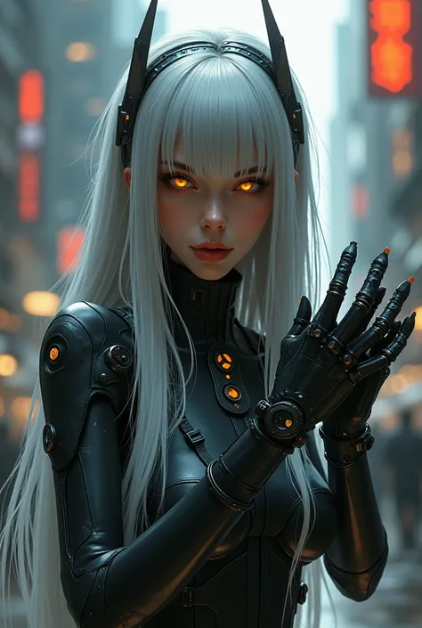  dark cyberpunk illustration ,((( half-full shot ))), (mejor calidad,  ultra detailed :1.3), ( nice hands , manos perfectas),  official art ,  cinematic light , (1 girl:1.3),  hot adult girl ,  long hair,  silver hair ,  golden eyes ,  glowing eyes , femal...