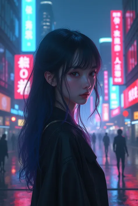 Beautiful Woman Standing by the Roadside   ,   cyberpunk art by Yang J  .,   Art Station   ,   realism, guweiz  ,  anime style, 8k, Gwaiz, realistic 3D  anime style,  trending at cgstation ,   dreamy cyberpunk girl portrait,   surreal cyberpunk style  ,  a...