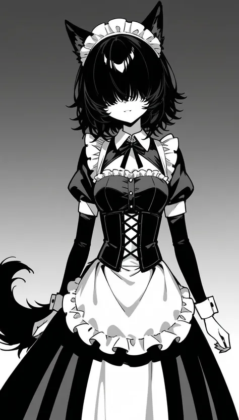  top quality ,  super detailed illustration , (Anthro Fluffy Wolf Girl :1,7),  medium length disheveled thick hair black and white, (hair covers eyes :1,6),  thin waist,  wide waist, Slim,  perfect body, Maid clothes