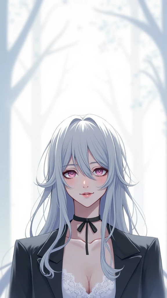 Female, gray long hair, soft smile, mysterious. 