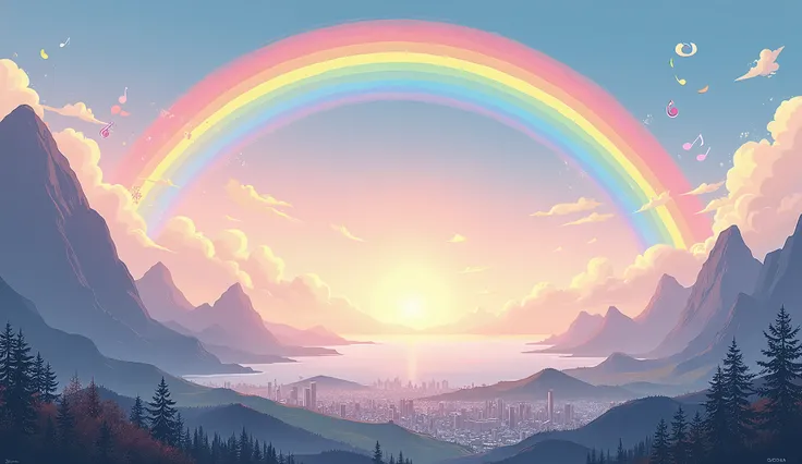 rainbow and musical notes 　 gentle music 　 Scenery　Rainbow　 music poster　An endless cityscape　Mountain　sea　 imaginary　A gentle world that expands in depth