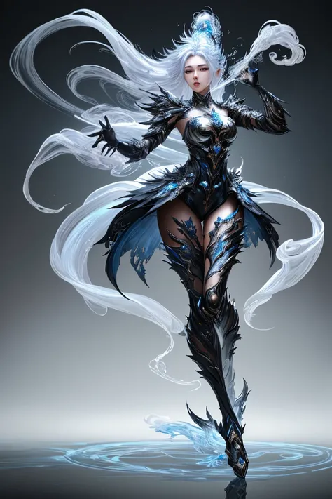 a female character made of smoke wearing armor made of mirrors, art by Korean MMO artists, full figure shown, flowing and dynamic pose, extremely detailed, high resolution, Unreal Engine