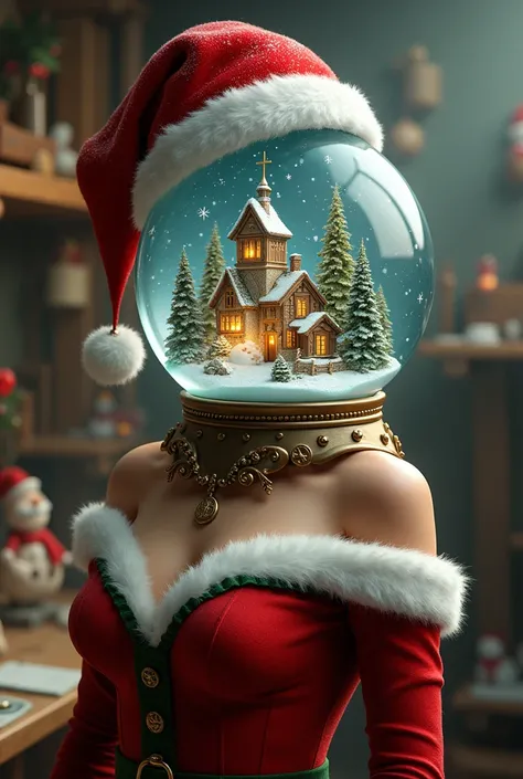 A female Christmas elf whose head is a snow globe. ((Her head is a snow globe featuring a classic holiday village.)) Santas Workshop elf costume, Santa hat. NSFW