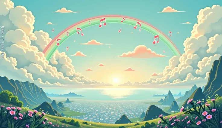 rainbow and musical notes 　 gentle music 　 Scenery　Rainbow　 music poster　An endless cityscape　Mountain　sea　 imaginary　A gentle world that expands in depth