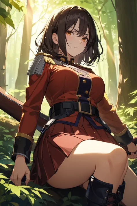 1 girl, (cute face), 20 years old, (medium length hair:1.2), (determined gaze), large breasts, slim figure, (wearing stylish military skirt uniform), (pleated skirt), (fitted jacket), (knee-high boots), BREAK  
Forest setting, (surrounded by trees), (holdi...